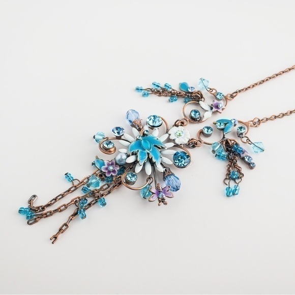 𝅺Copper Floral Pendant Necklace Statement Blue White Crystal Rhinestone Enamel - Picture 8 of 13